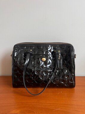 Coach Black Patent Leather Embossed Signature Satchel | Crossbody | Authentic